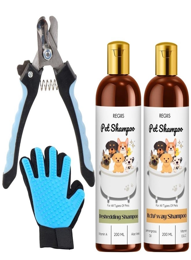 REGIIS Pet Grooming Set with Deshedding Shampoo and Itch Away Shampoo, 200ml Each, Professional Pet Hair Removal Glove, for All Types of Dogs and Cats(Pack of 4) - Image 1